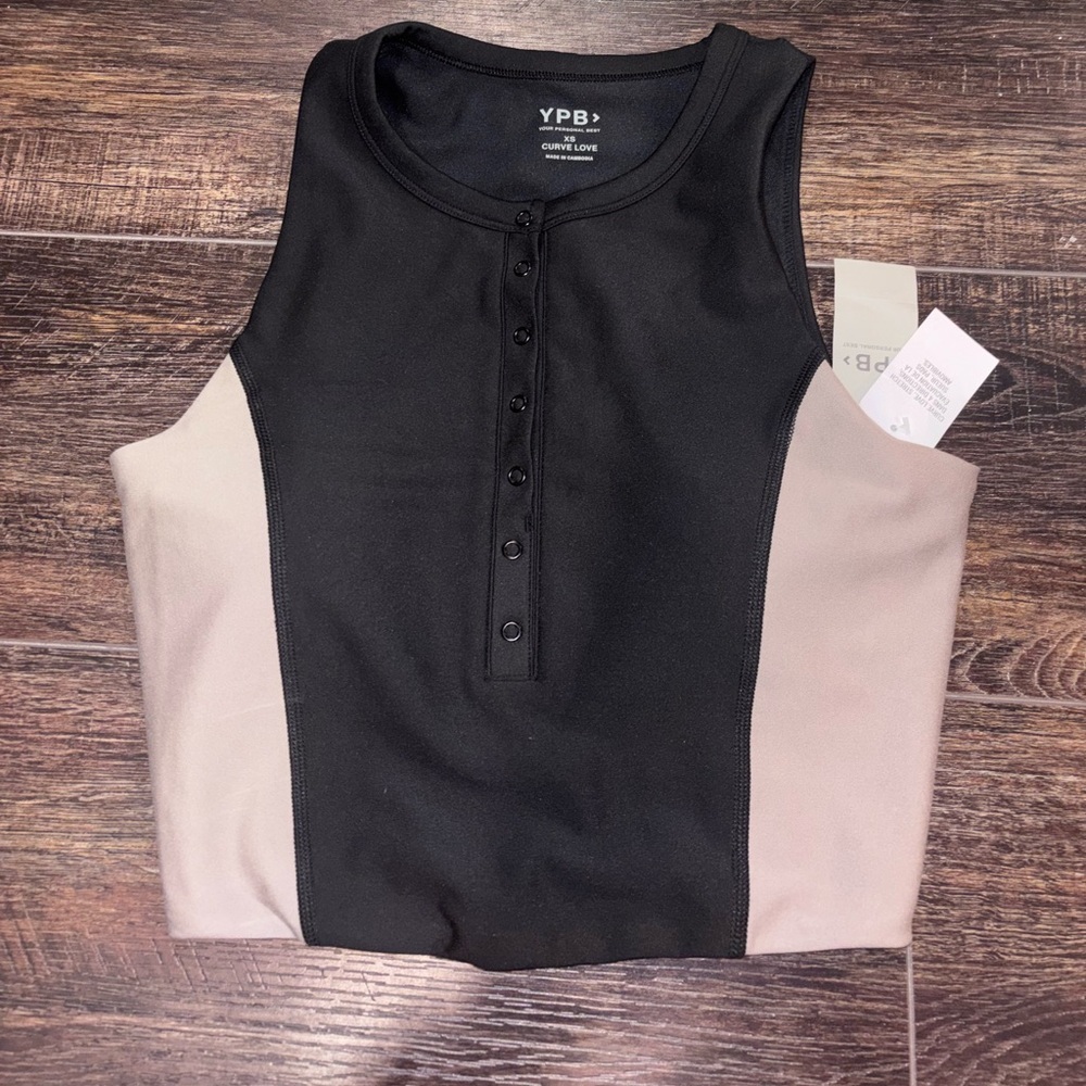 Abercrombie YPB SculptLUX Plunge Henley Slim Tank XS, black and beige NWT